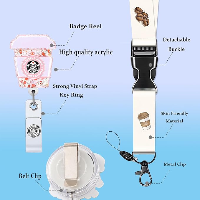 Lanyards for ID Badge Holder Coffee Scrub Cute Badge Reel Teacher Lanyard with ID Holder Name Tag Clip Retractable Keychain Badge Reel Heavy Duty Teacher Nurse Work Office Gifts