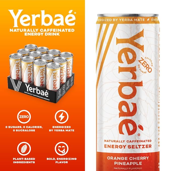 Yerbaé Energy Seltzer - Orange Cherry Pineapple No Sugar/Calories/Carbs. Energized by Yerba Mate, Naturally Caffeinated Plant-Based, Healthy Alternative to Coffee/Sugary Sodas, Pack of 12, 12oz cans