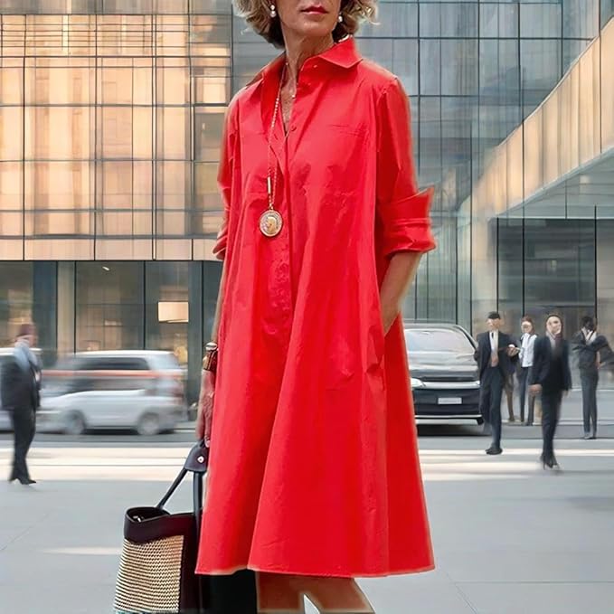 Womens 2025 Long Sleeve Button Down Shirt Summer Dress Casual V Neck Loose Fit Midi Shirt Dresses with Pockets