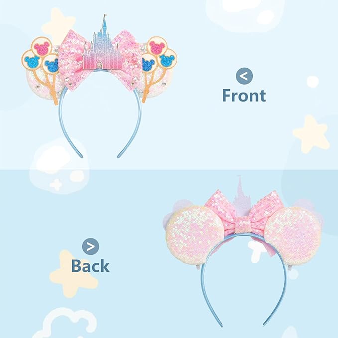 HAMUTH Mouse Ears Headband,Pink Castle Mouse Ears Hairs Accessories for Women Girls Kids,Castle Birthday Decorations for Party Trip Parks Cosplay Accessories