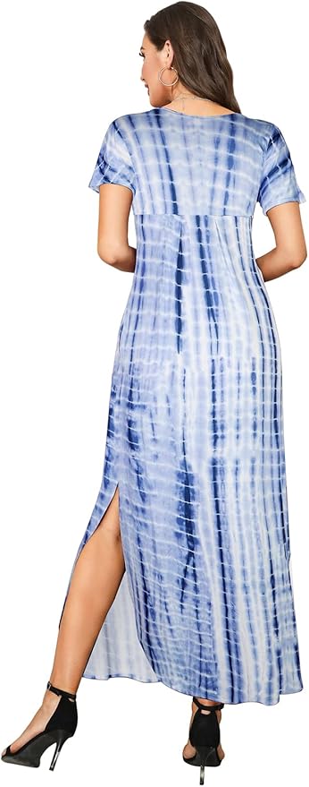 Arolina Women's Summer Maxi Dress Short Sleeve V Neck Casual Loose Long Beach Split Dresses with Pockets