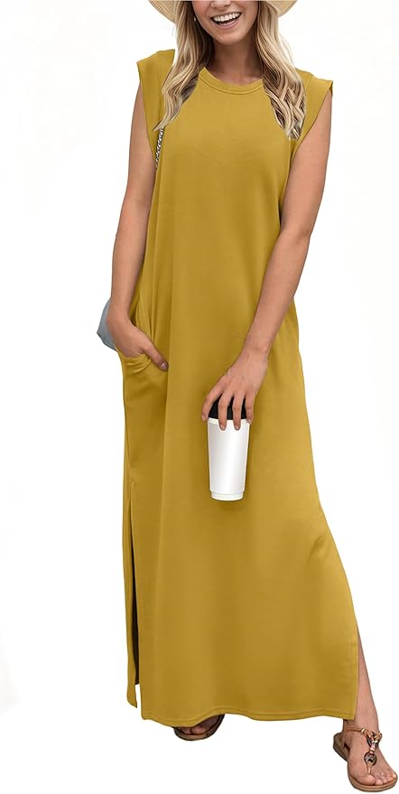 GRECERELLE 2026 Women Year-Round Casual Round Neck Loose Split Wrinkle-Free Long Maxi Vacation Dress with Pockets (XXS-4XL)