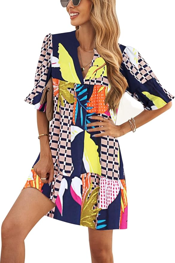 QACOHU Summer Dresses for Women V Neck Ruffle Short Sleeve Casual Shift Dress