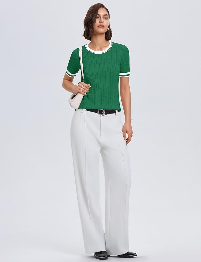 Micoson Womens Short Sleeve Cable Knit Sweater Tops Crewneck Lightweight Spring Summer Shirts Business Dressy Casual Outfits