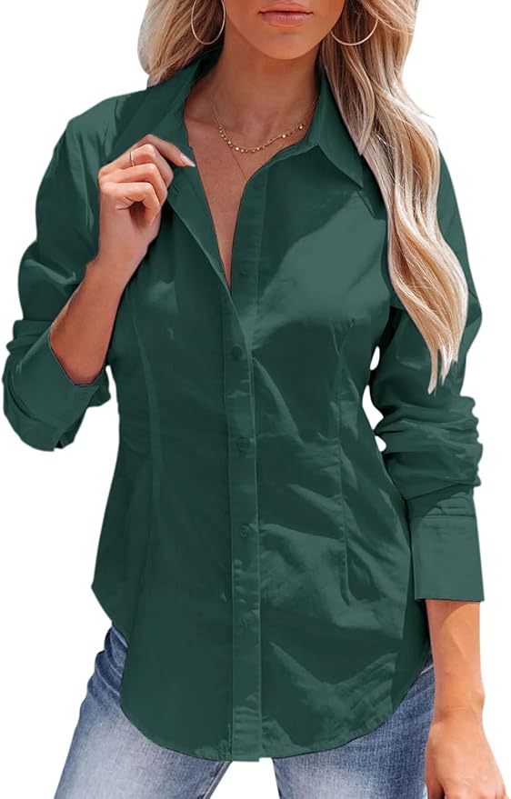 siliteelon Women's Button Down Shirts Long Sleeve Dress Shirts Wrinkle Free Collared Work Office Solid Blouses Corset Tops