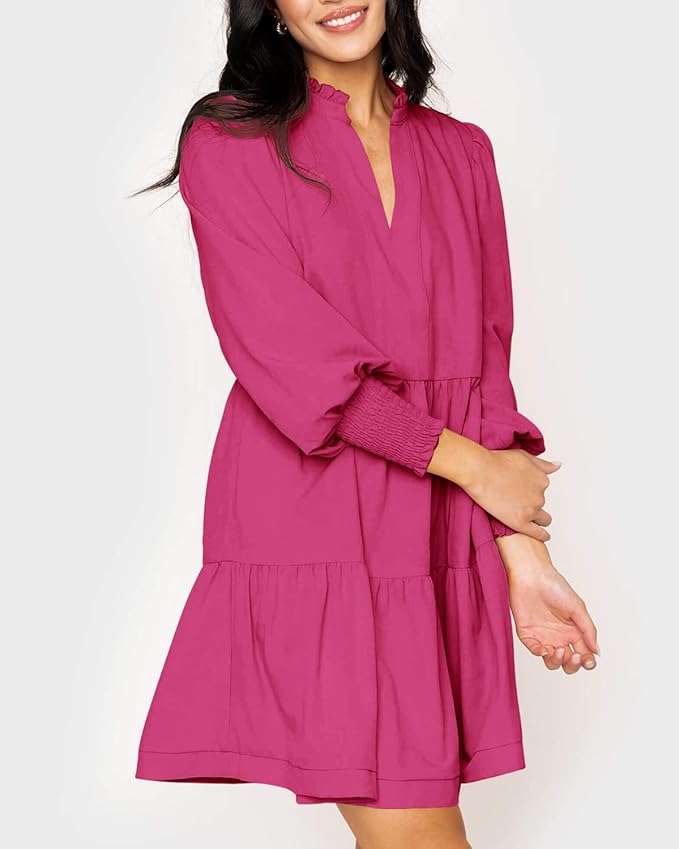 Imily Bela Womens Fall Long Sleeve Tunic Dress Casual V Neck Loose Ruffle Tiered Dress