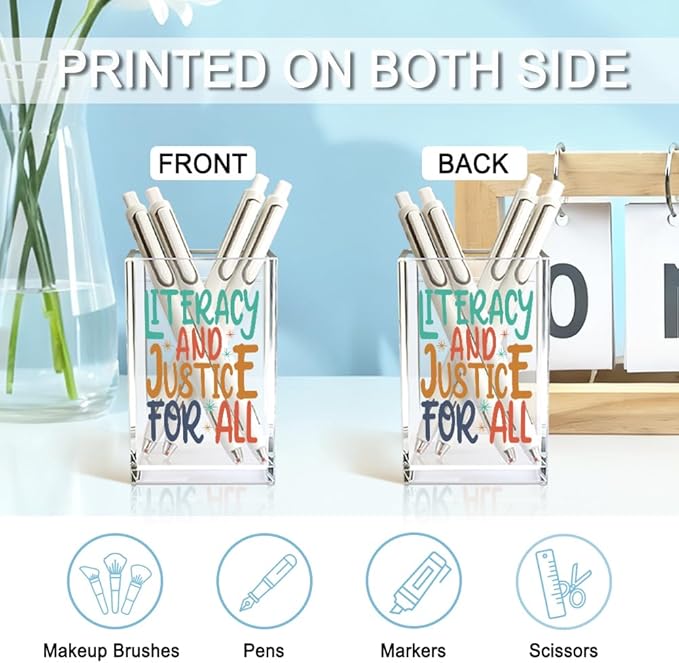 Literacy And Justice For All Acrylic Makeup Brush Pencil Holder Cup, Social Justice Gifts for Women Sister Friend Coworker, Stop Book Banning Protect Librarian, Pen Holder for Desk Accessories