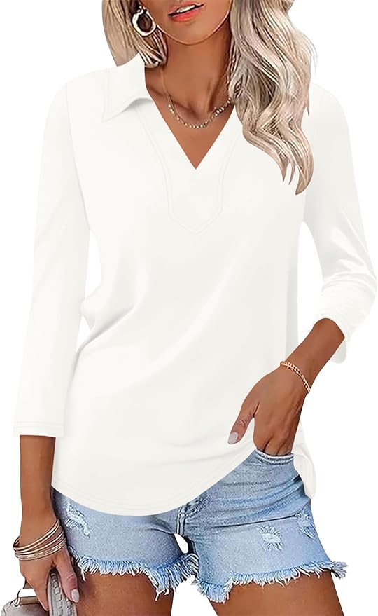 LOMON 3/4 Length Sleeve Womens Tops 2026 Spring Summer Collared Polo Shirts V Neck Casual Basic Polos Tees Shirt