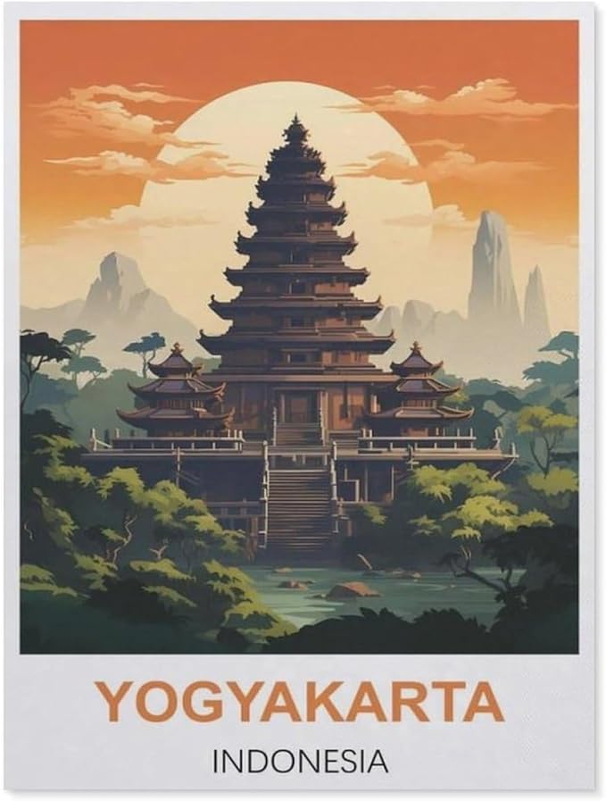 Jigsaw Puzzles 1000 Pieces Wood Assembling Picture，Yogyakarta Vintage Travel Poster Indonesia，Adults Games Educational Toys（75x50cm）-BI41