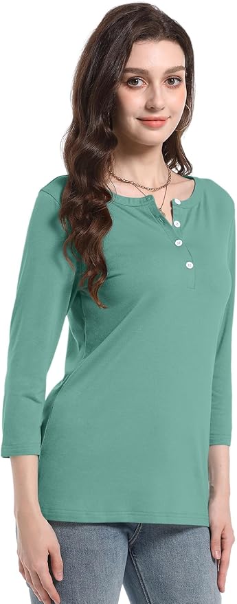 PGANDS Women's 3/4 Length Sleeve T Shirts Button Down Scoop Neck Casual Tops