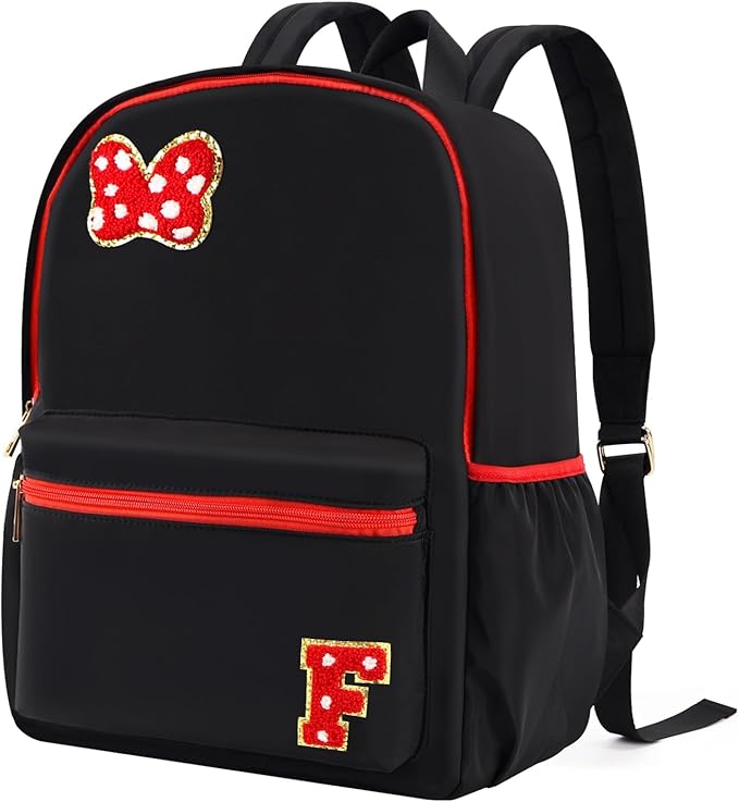Preppy Initial Bow Mouse Backpacks for Girls 14.6 Inch, Black Kids Backpacks Ages 3-10 for Park Travel Preschool Elementary School, Lightweight Bookbag Birthday Back to School Gifts for Little Girls F