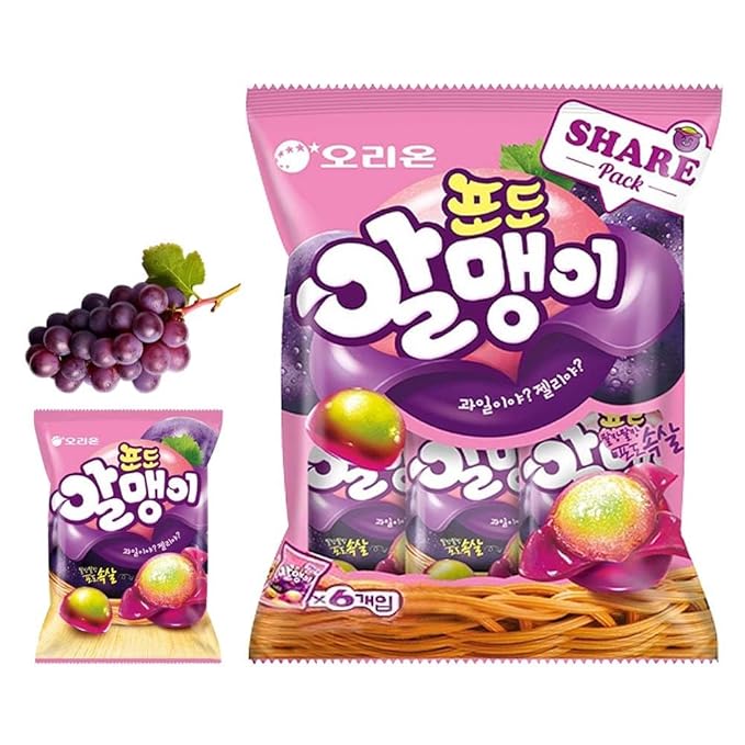 Korean Fruit Jelly Candy – Assorted Chewy Gummy Snacks – 5 Fruity Flavors (Grape, Plum, Lychee, Kiwi, Mango) – Individually Wrapped – Perfect for Kids & Adults – 알맹이젤리 (Grape–1.26oz(36g) × 6pack)