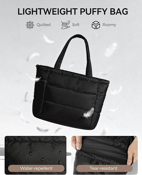 Moyad Puffy Tote Bag for Women with Zipper, Lightweight Quilted Bags Shoulder Handbag for Work, Travel, Gym, Nurse, Teacher