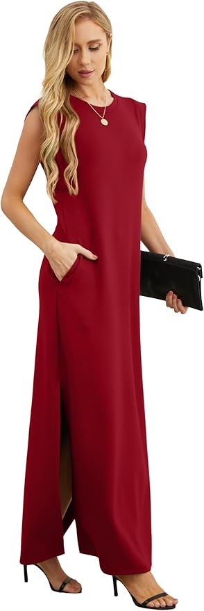 GRECERELLE 2026 Women Year-Round Casual Round Neck Loose Split Wrinkle-Free Long Maxi Vacation Dress with Pockets (XXS-4XL)