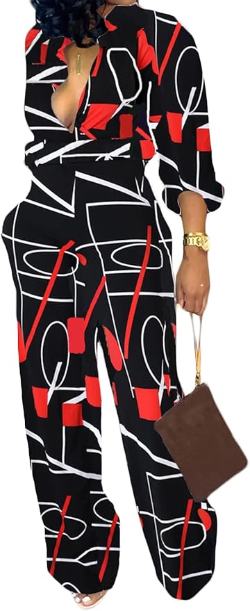 SeNight Women's Jumpsuits Elegant Business Casual Button Down V Neck Long Sleeve Strap Straight Long Pants With Pockets