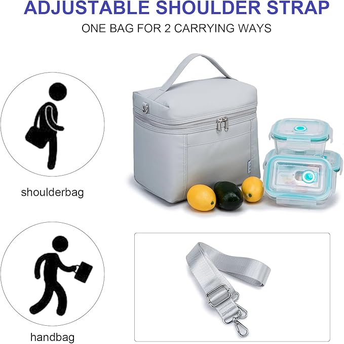 NOL Natural Organic Lifestyle Insulated Lunch Bags for Women Cooler Bag Lightweight Nylon Waterproof Lunch Box For Work (Gray White, Medium(normal))