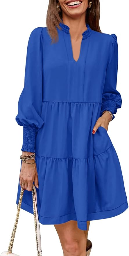 Imily Bela Womens Fall Long Sleeve Tunic Dress Casual V Neck Loose Ruffle Tiered Dress