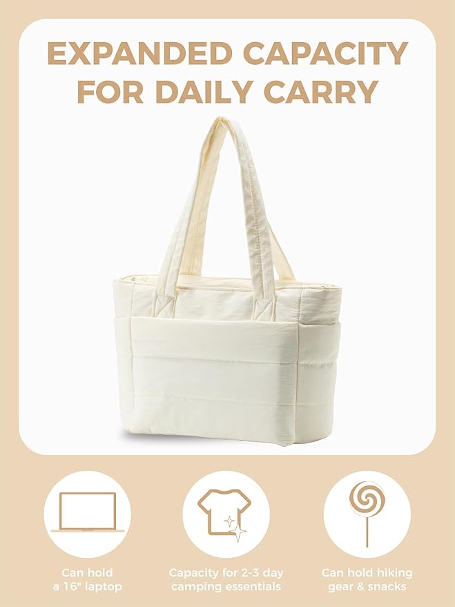 Puffer Tote Bag for Women, Lightweight Laptop Bag with Zipper Quilted Shoulder Bag for Work, Travel, Gym