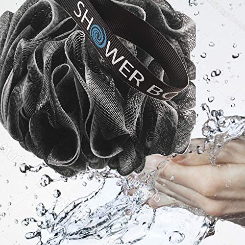 SHOWER BOUQUET Loofah-Charcoal Bath-Sponge-4-Pack // Extra-Large 75g Soft Mesh Black Loofa Lufa Loufa Luffa Puff Set/Exfoliating Body Scrubber for Women and Men - Exfoliate & Soothe Face & Body