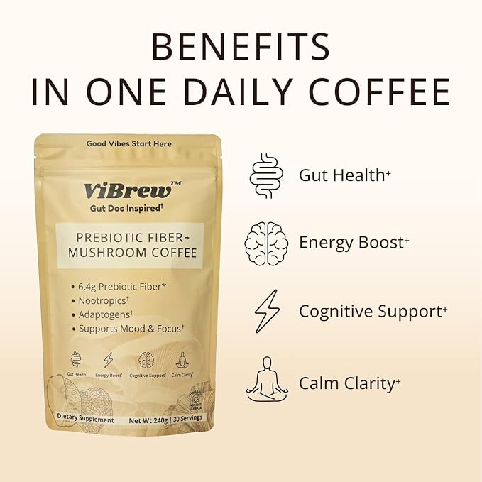 VIBREW Instant Coffee – Low Caffeine Organic Arabica for Focus, Energy, Digestion & Immune Support (240grams)