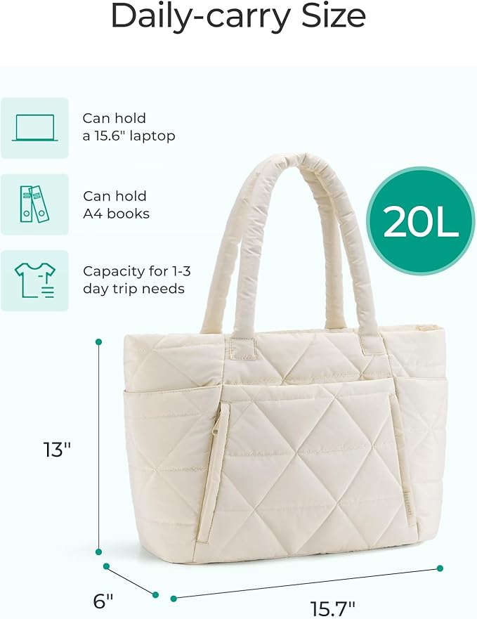 BAGSMART Tote Bag for Women, Puffy Tote Bag with Zipper, Large Quilted Shoulder Bag with Compartments for Travel, Work, Gym