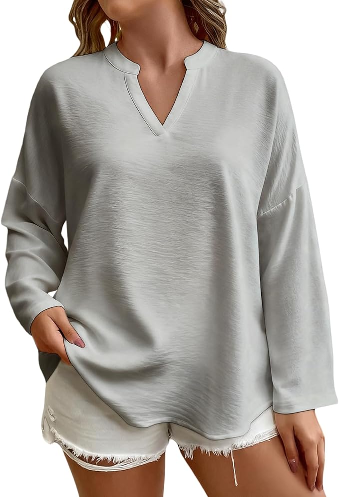 Elegant Shirts for Women Solid Color Long Sleeve V Neck Blouses Loose Comfy Business Work Casual Pullover Tops