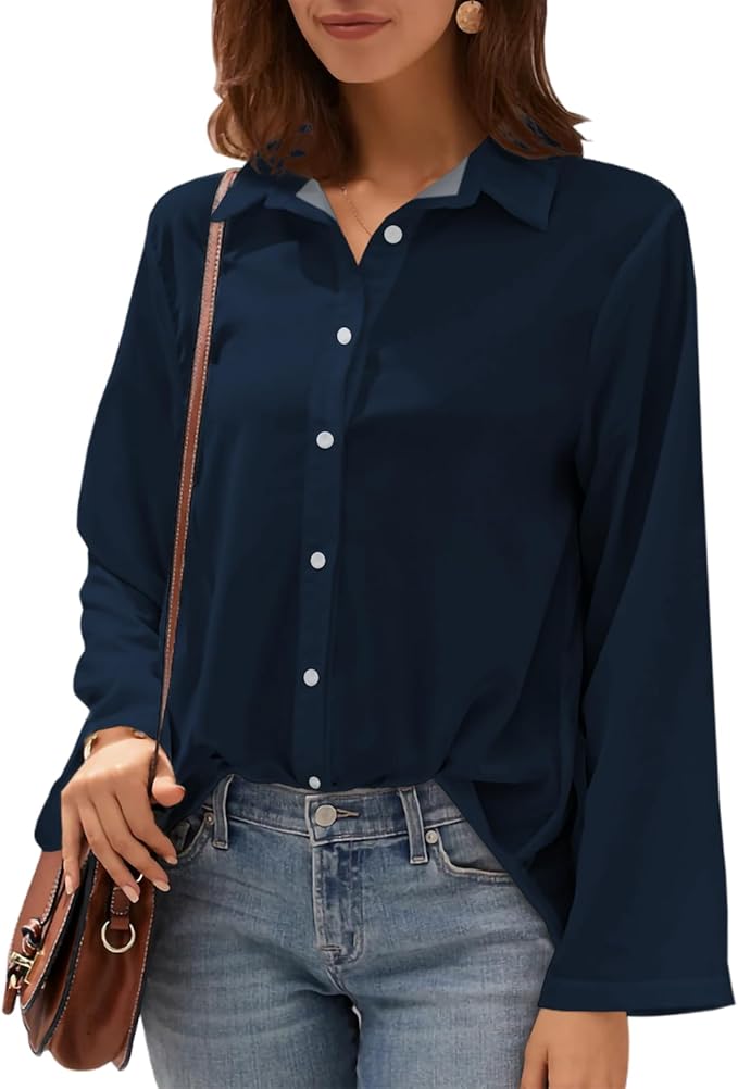 Womens Classic Shirts Casual Button Solid Color Long Sleeve Work Blouse Collared Relaxed Fit Summer Tops