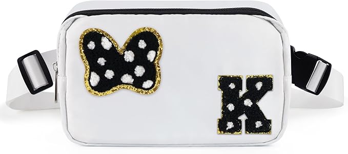 Chenille Initial Letter Bow Mouse Fanny Pack, Waterproof Park Crossbody Bag Christmas Birthday Gifts for Teen Girls Daughter Women Kids Adults, Cute Belt Bag Must Haves for Park Travel (K, White)