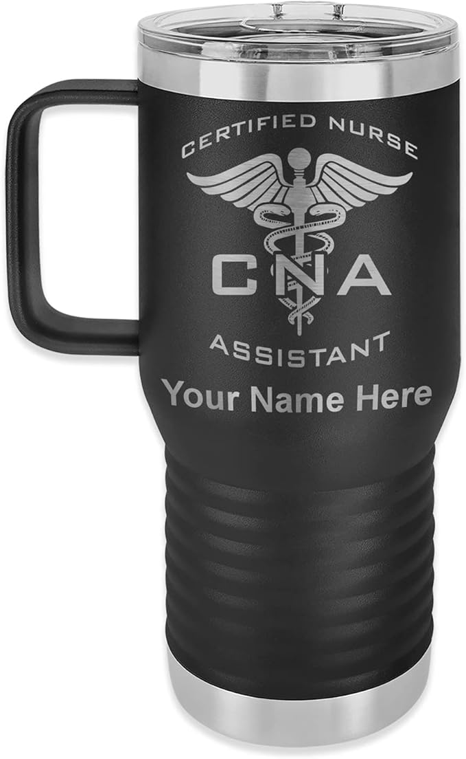 LaserGram 20oz Vacuum Insulated Travel Mug with Handle, CNA Certified Nurse Assistant, Personalized Engraving Included (Black)