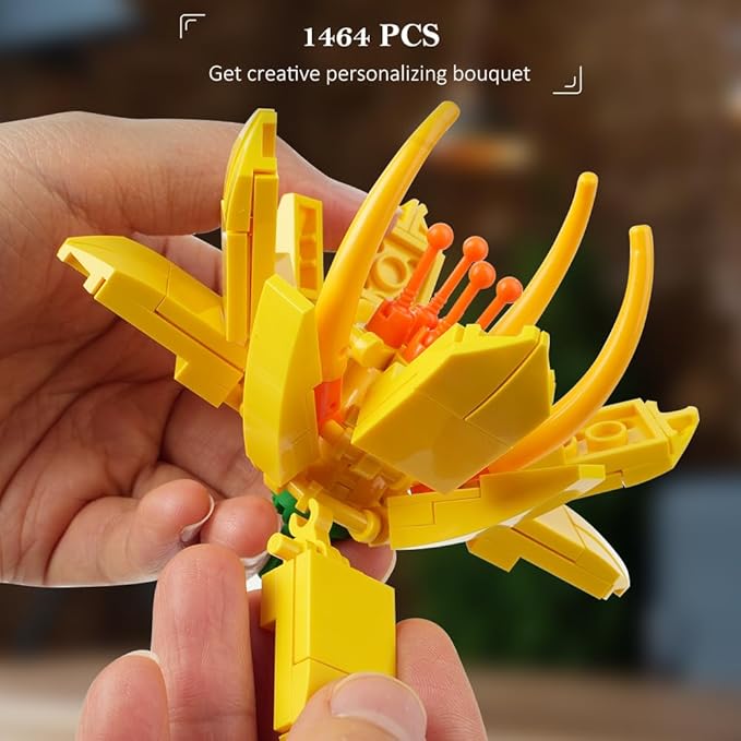 HOGOKIDS Flower Bouquet Set for Adults - Valentine 1461PCS Artificial Flowers Botanical Collection | 18 Sticks Decorative Home Plant Bouquet | Creative DIY Gift for Wife Girlfriend Mom Women Men