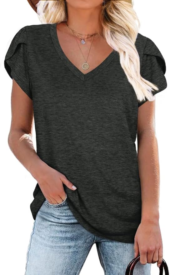 WIHOLL Womens Tops V Neck Summer Petal Sleeve Casual Tshirts