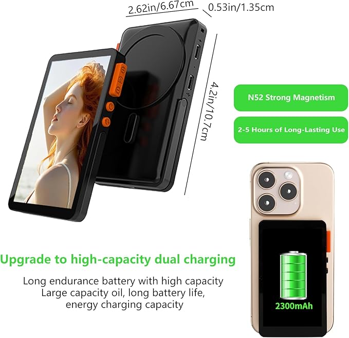 Magnetic Phone Selfie Monitor Screen, 1080P Wireless Back Camera Selfie Monitor with Focus Adjustment, Audio Sync, Photo Button and Aluminum Stand for Vlog Live Stream TikTok (Black)