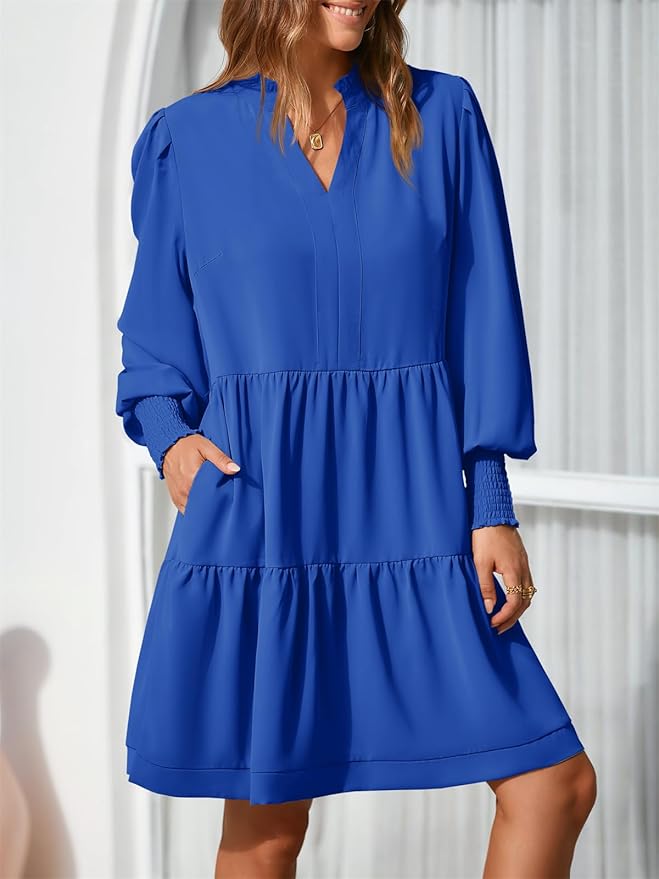 Imily Bela Womens Fall Long Sleeve Tunic Dress Casual V Neck Loose Ruffle Tiered Dress