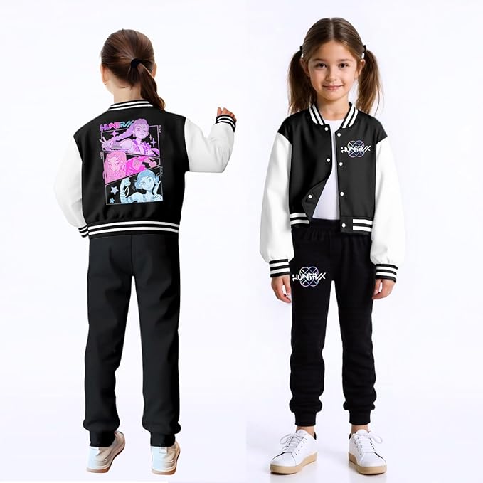 K PopGirls Kpop Tracksuit Cute Cartoon Print Baseball Coats Fashion Long Sleeve Jackets and Pants Christmas Costume Set