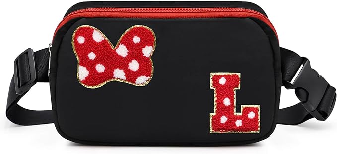 Chenille Initial Letter Bow Mouse Fanny Pack, Waterproof Park Crossbody Bag Christmas Birthday Gifts for Teen Girls Daughter Women Kids Adults, Cute Belt Bag Must Haves for Park Travel (L, Black)