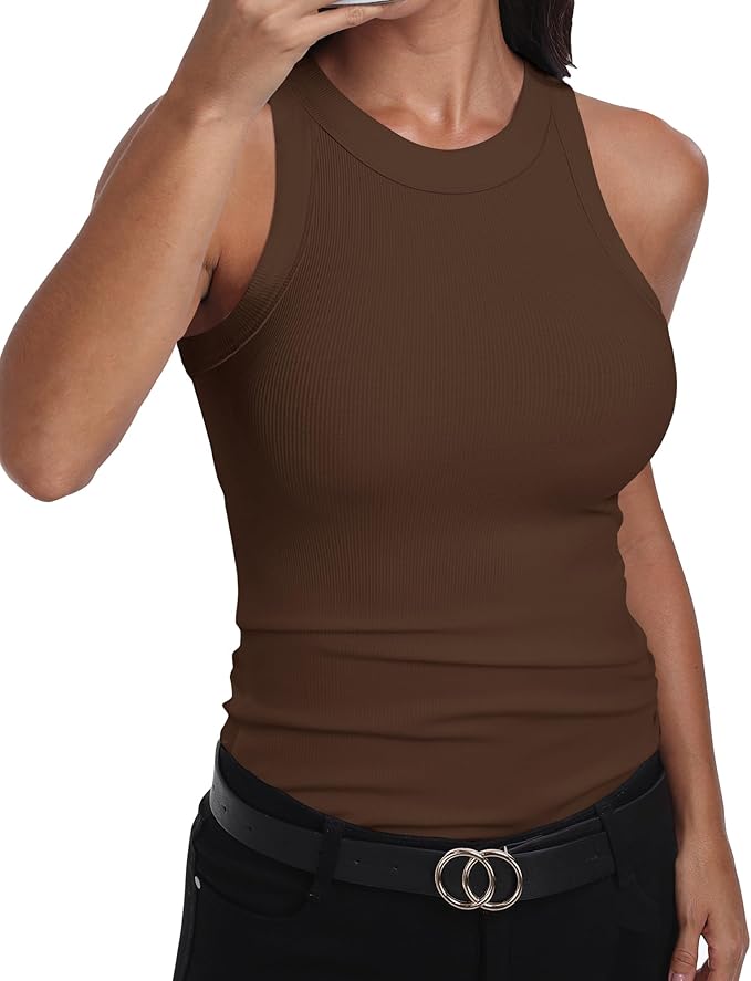 GEMBERA Womens Sleeveless Racerback High Neck Casual Basic Cotton Ribbed Fitted Tank Top