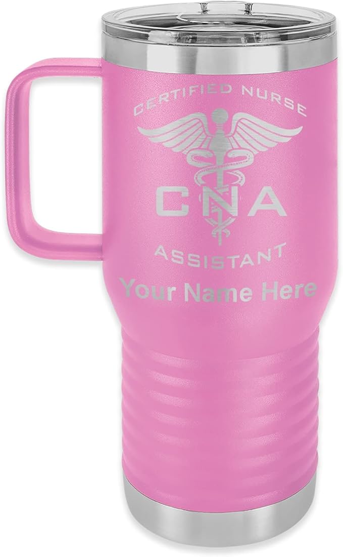 LaserGram 20oz Vacuum Insulated Travel Mug with Handle, CNA Certified Nurse Assistant, Personalized Engraving Included (Light Purple)