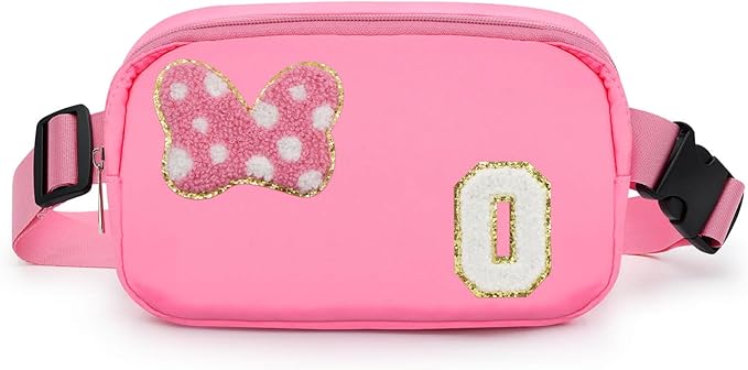 Chenille Initial Letter Bow Mouse Fanny Pack, Waterproof Park Crossbody Bag Christmas Birthday Gifts for Teen Girls Daughter Women Kids Adults, Cute Belt Bag Must Haves for Park Travel (O, Pink)