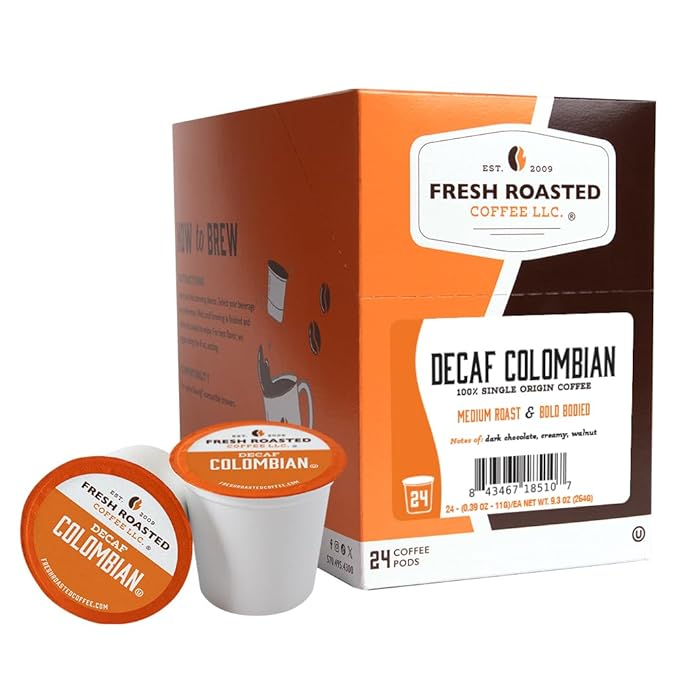 Fresh Roasted Coffee,100% Colombian Decaf, Kosher, EA Natural Decaf, K-Cup Compatible, 24 Pods