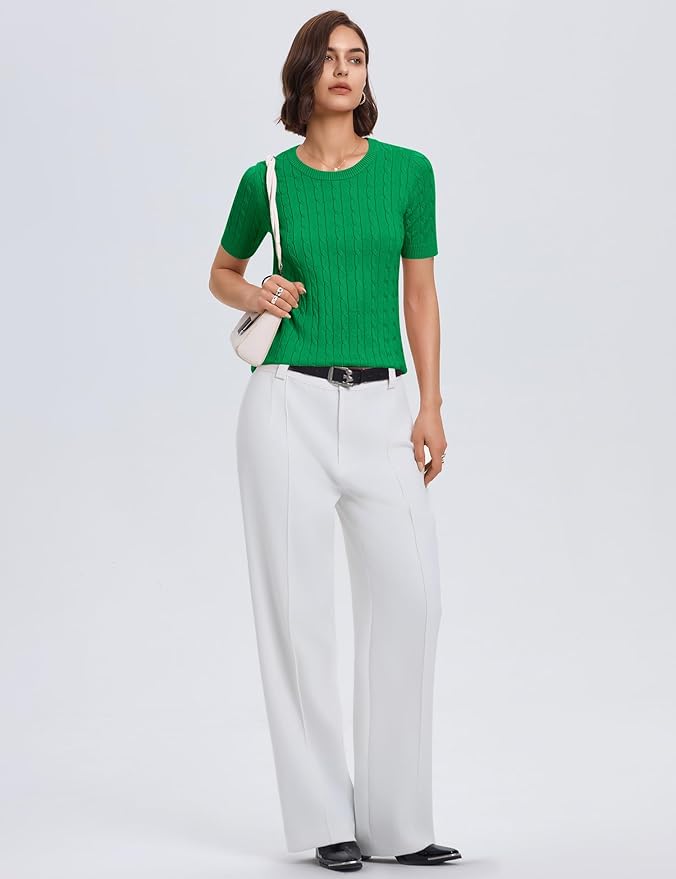 Micoson Womens Short Sleeve Cable Knit Sweater Tops Crewneck Lightweight Spring Summer Shirts Business Dressy Casual Outfits
