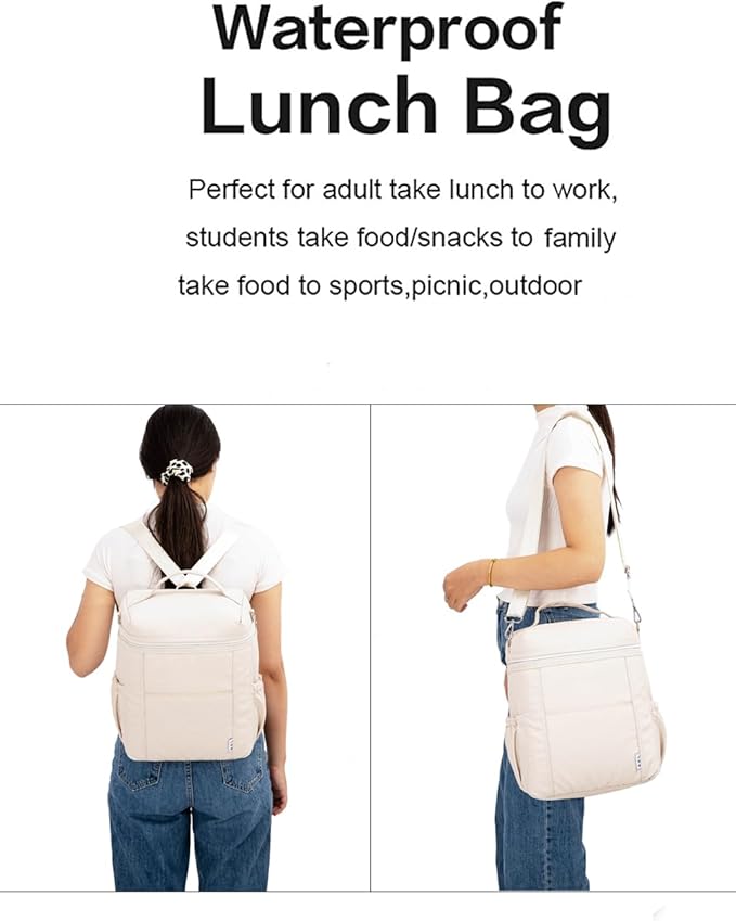 NOL Natural Organic Lifestyle Insulated Lunch Bags for Women Cooler Bag Lightweight Nylon Waterproof Lunch Box For Work (Cream, Large)