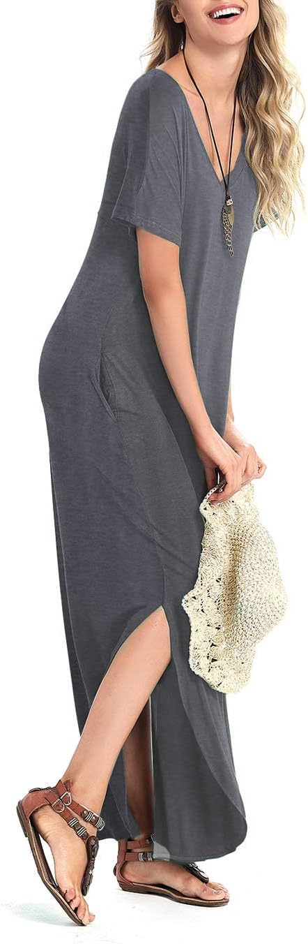 Arolina Women's Summer Maxi Dress Short Sleeve V Neck Casual Loose Long Beach Split Dresses with Pockets