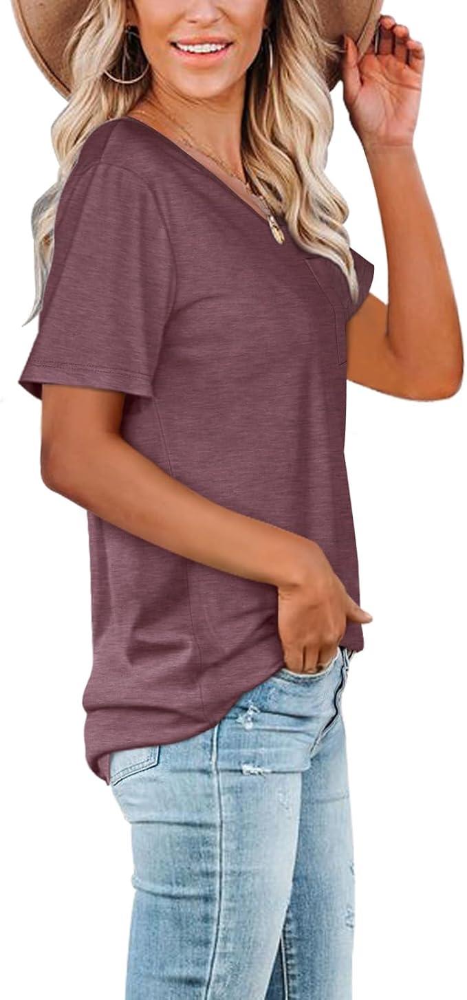 WIHOLL Women Summer T Shirts Short Sleeve Rounded V Neck Pocket Tee Tops