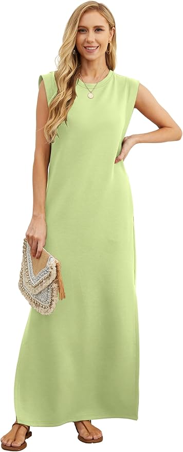 GRECERELLE 2026 Women Year-Round Casual Round Neck Loose Split Wrinkle-Free Long Maxi Vacation Dress with Pockets (XXS-4XL)