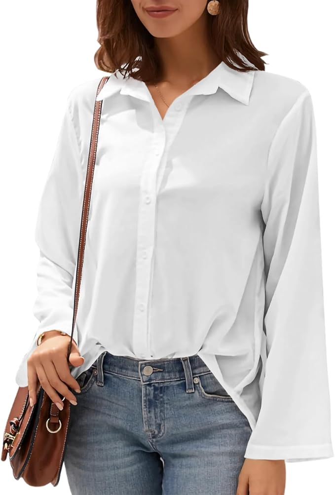 Womens Classic Shirts Casual Button Solid Color Long Sleeve Work Blouse Collared Relaxed Fit Summer Tops