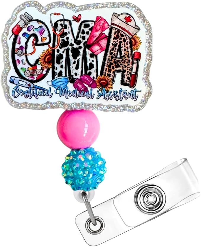 CMA Badge Reel Cute Stethoscope Syringe Hospital ID Name Holder Retractable Alligator Clip RMA Phlebotomy Tech Nurse Gear Accessories Gift for CCMA EKG Technician Healthcare Workers Clinic Staff