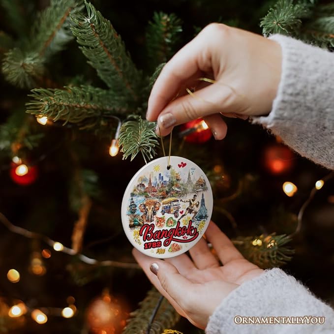 Lively Bangkok City Artistic Ceramic Ornament, Thailand Souvenir and Christmas Decor Keepsake (Circle)