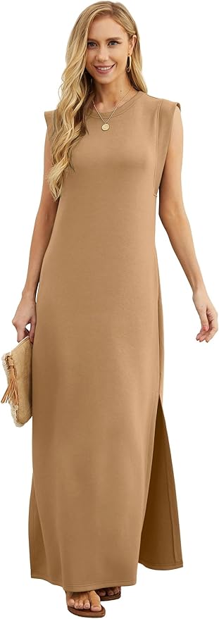 GRECERELLE 2026 Women Year-Round Casual Round Neck Loose Split Wrinkle-Free Long Maxi Vacation Dress with Pockets (XXS-4XL)