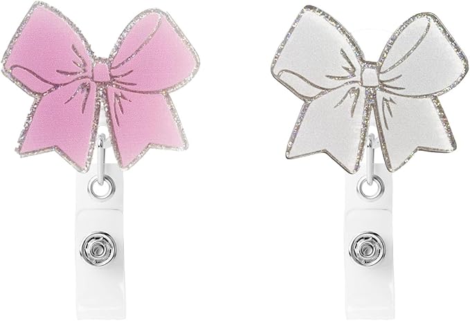 2 Pcs Pink Bow Badge Reel - Retractable ID Holder with Alligator Clip& Nylon Cord | AcrylicClip for Nurse Nurses Office Worker Teacher Student