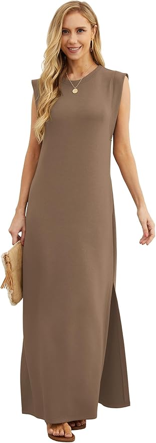 GRECERELLE 2026 Women Year-Round Casual Round Neck Loose Split Wrinkle-Free Long Maxi Vacation Dress with Pockets (XXS-4XL)